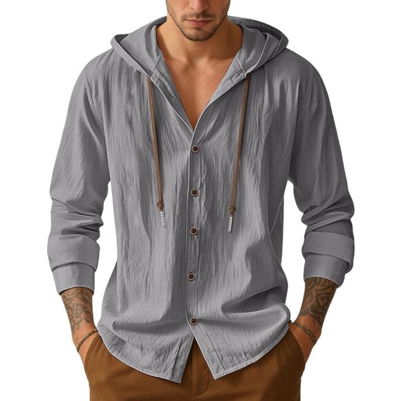 Men's Grey Cotton Linen Button Down Hoodies Long Sleeve Casual Hawaiian Beach